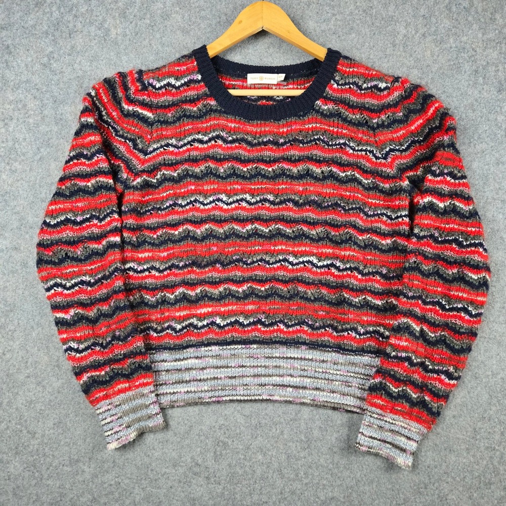 Tory Burch Sweater Womens XL Red Zig Zag Stripe‎ Metallic Knit Crewneck Pullover
